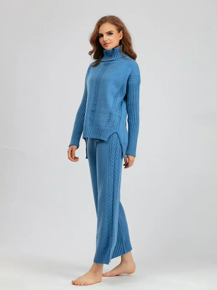 Women's Turtleneck Knit Sweater and Loose Pants Set - Cozy Casual
