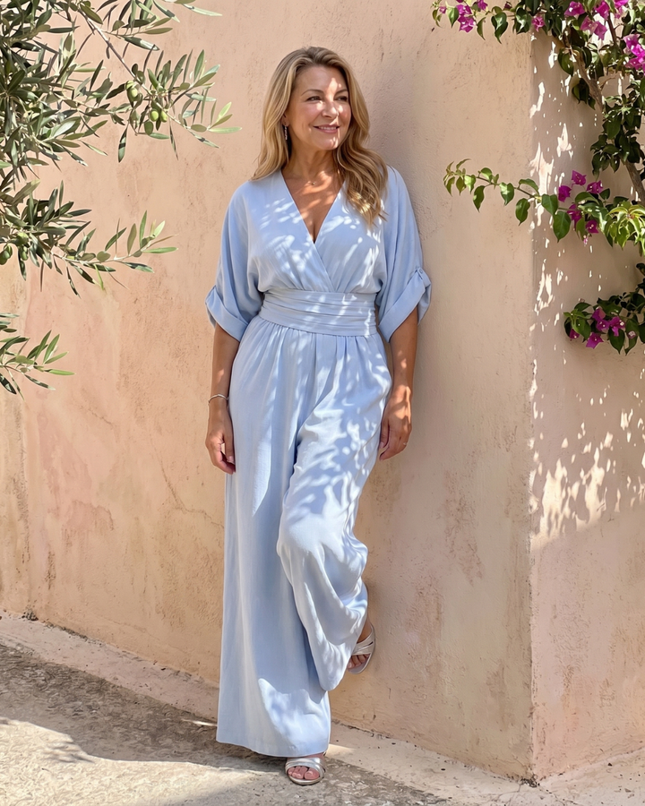 Women's Draped V Neck Wide Leg Relaxed Jumpsuit - Effortless Everyday