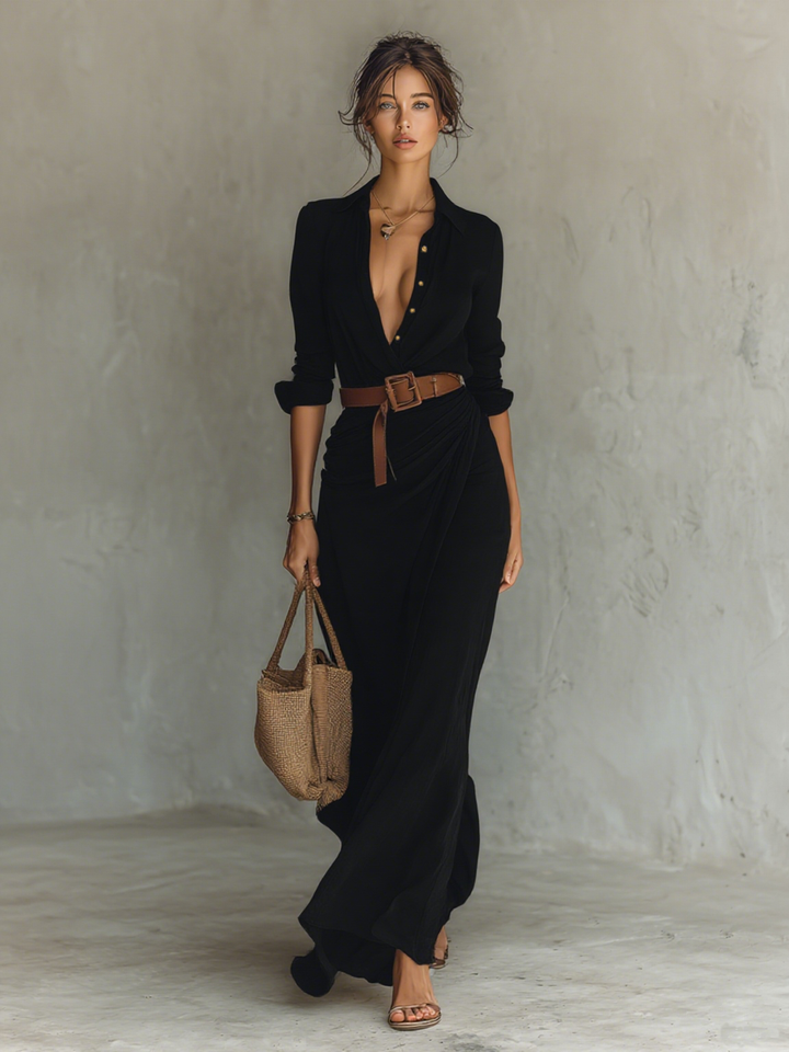 Women's Elegant Belted Maxi Shirt Dress - Effortless Evening Style