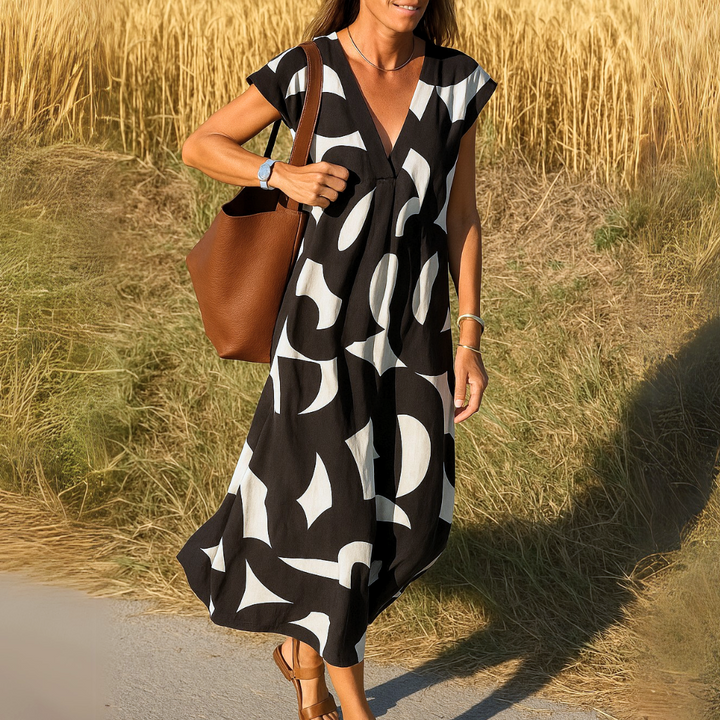 Women's Printed V-Neck Dress - Lightweight, Elegant & Versatile