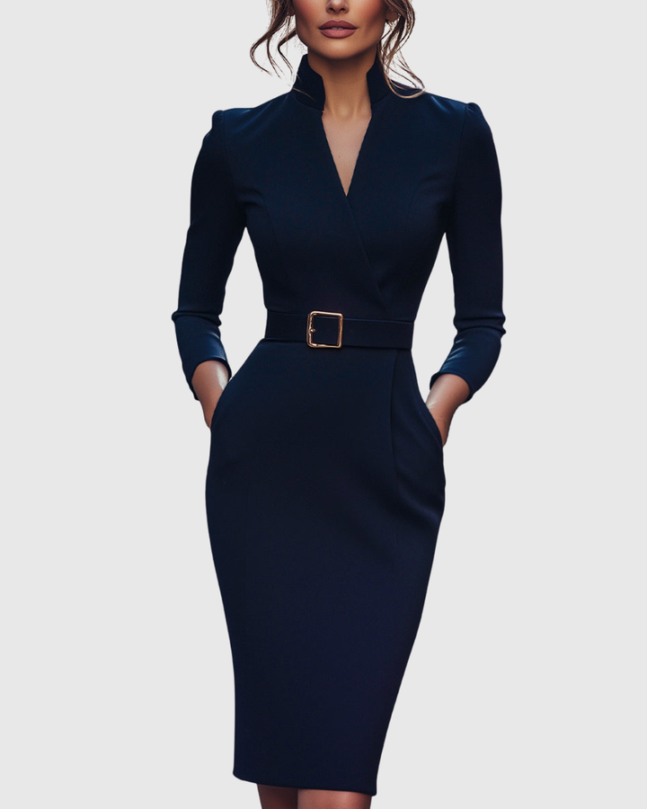 Women's Polyester Midi Dress - Mock Wrap & Belted Fit
