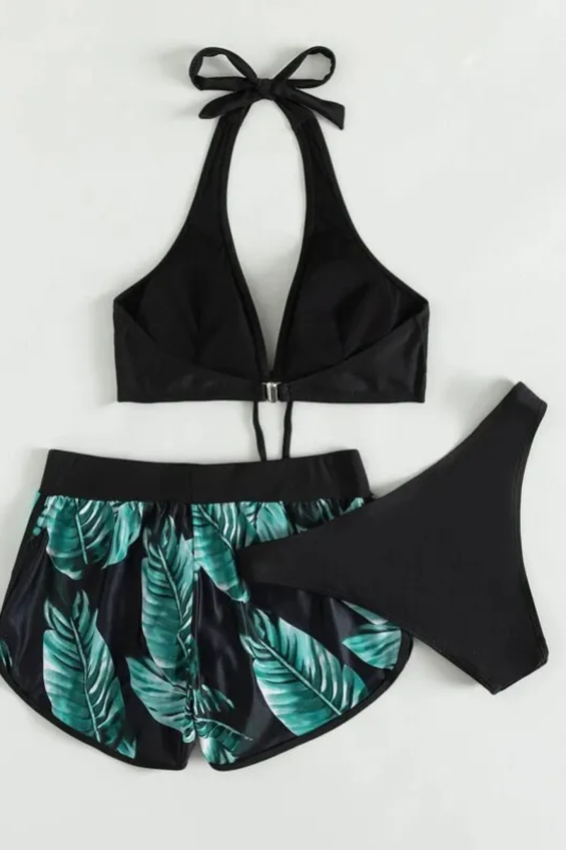 Women's Leaf Print 3-Piece Bikini Set - Versatile Beach Look