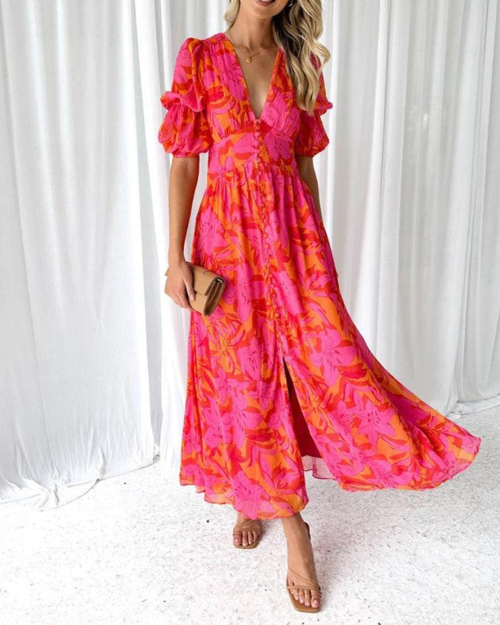 Women's Printed Maxi Dress with Flutter Sleeves - Summer Elegance