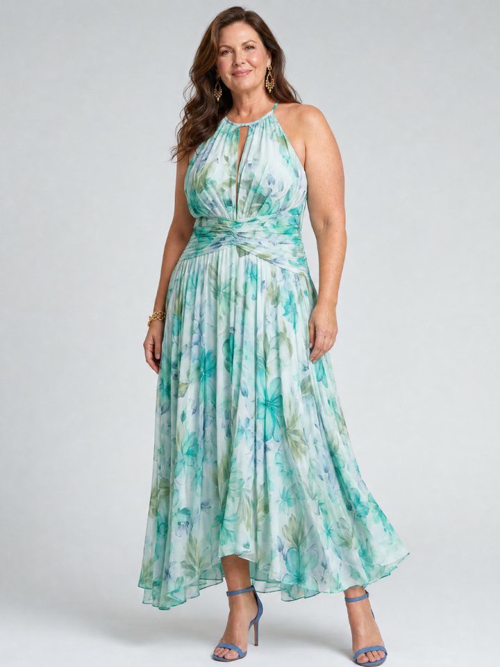 Women's Floral Pleated Halter Midi Dress - Effortless Warm-Weather