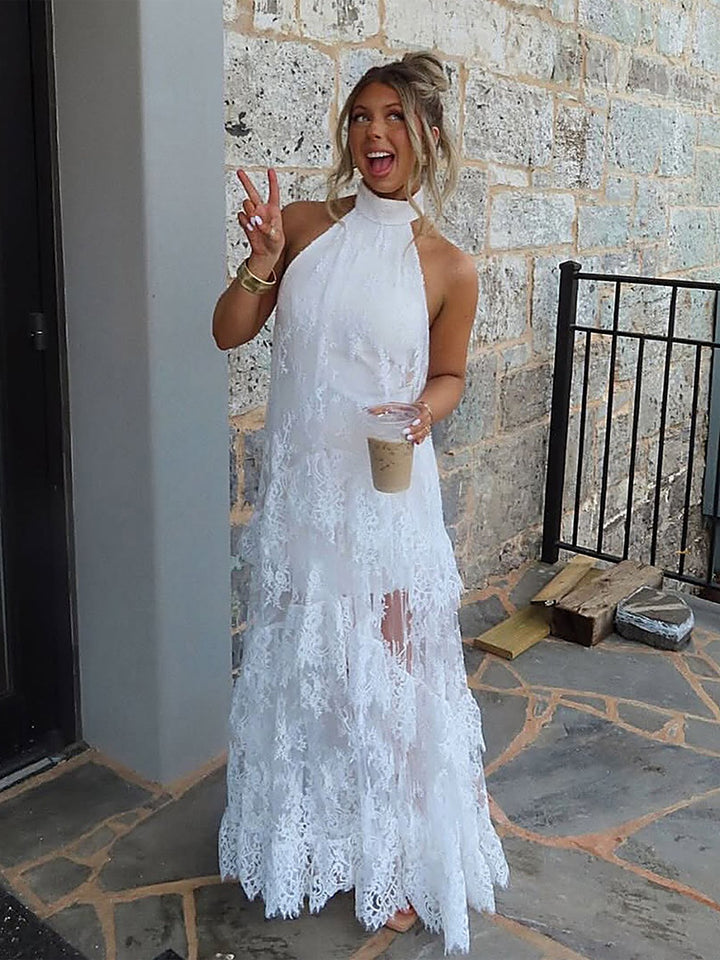 Mature Elegant Solid Lace-Patchwork Halter Tie-Up Dress