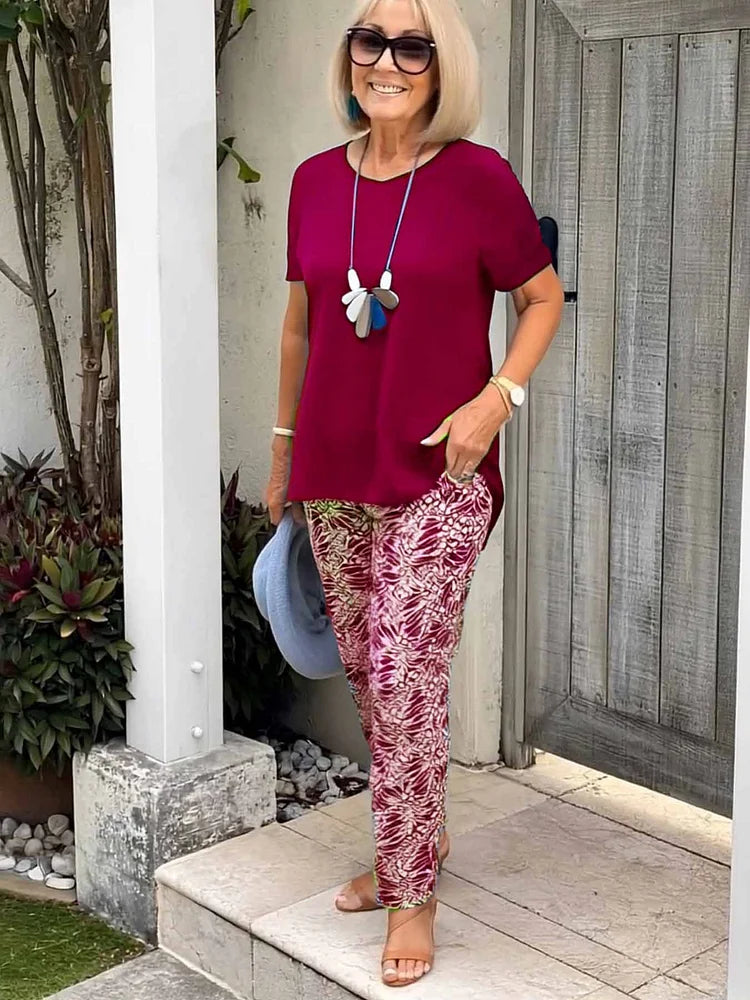 Women's Cotton-Blend Printed Relaxed Fit Outfit Set - Vacation Ready