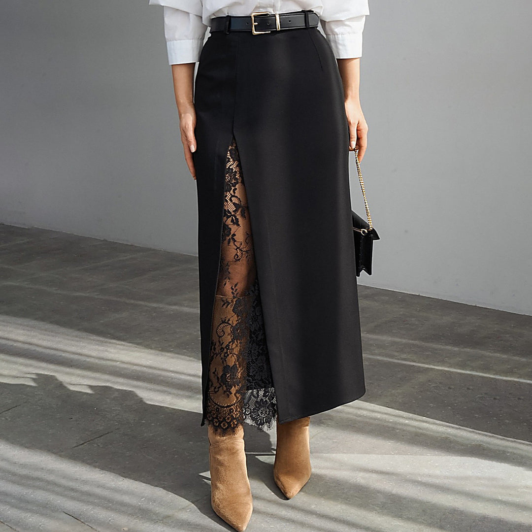 Slit Sheer Lace Midi Skirt