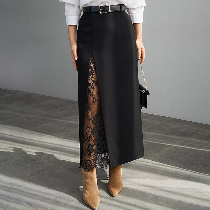 Slit Sheer Lace Midi Skirt
