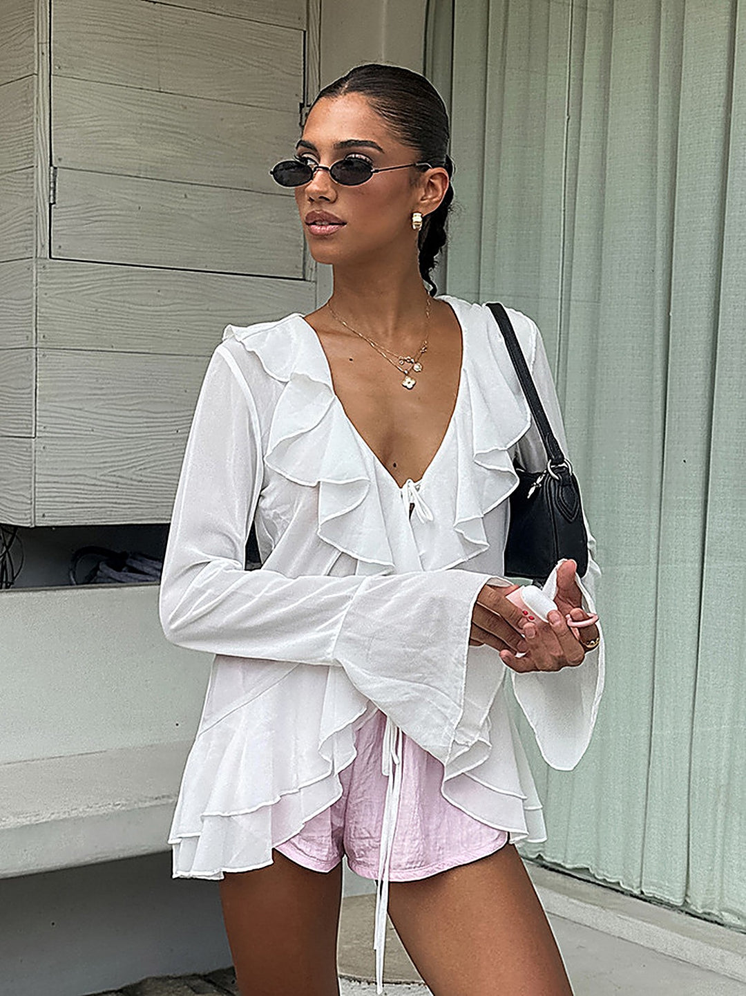 Chiffon V-Neck Flared-Sleeve Blouse
