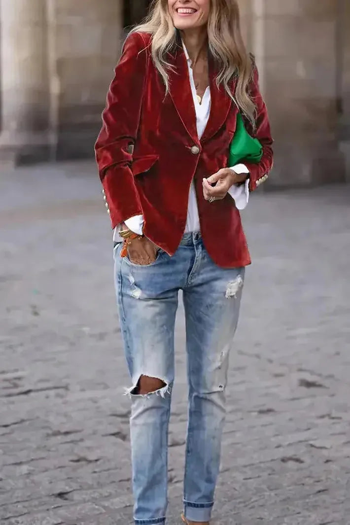 Women's Tailored Blazer with Gold Buttons - Effortless Elegance