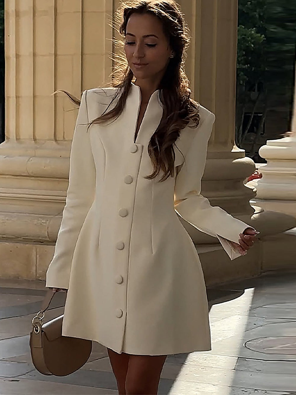 Elegant Solid Single-Breasted A-Line Cinched-Waist Dress