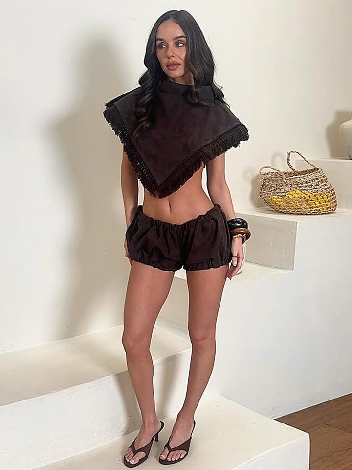 Tassel Knit Shawl Top + Shorts Set