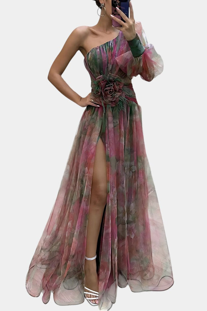 Women's Watercolor-Print One-Shoulder Maxi Dress - Elegant Event