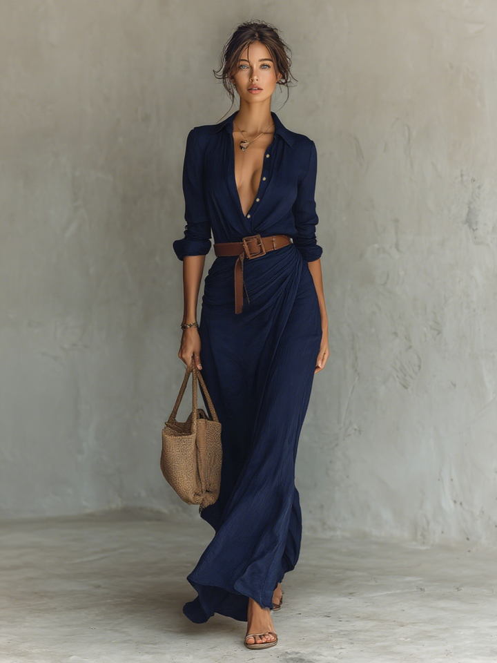 Women's Elegant Belted Maxi Shirt Dress - Effortless Evening Style