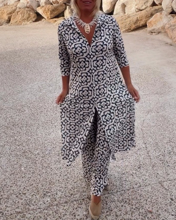 Women's Geometric Print Two-Piece Set - Effortless Chic Ensemble