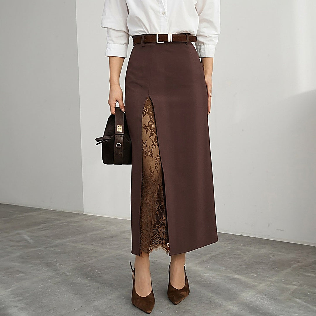 Slit Sheer Lace Midi Skirt