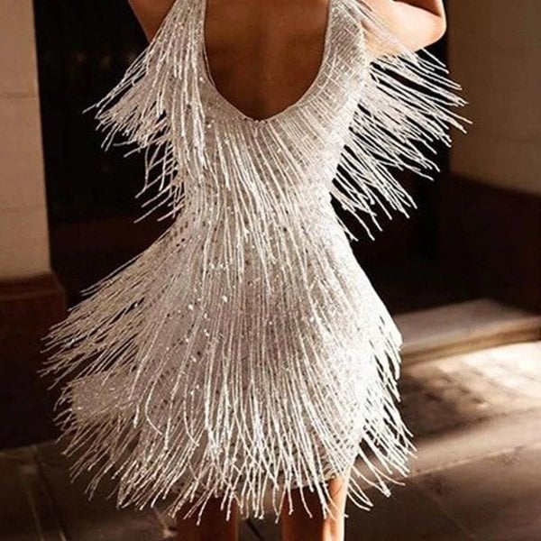 Women's Fringed V-Neck Party Dress - Striking & Festive