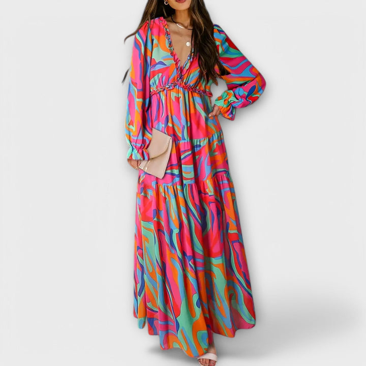 Women's Floral Maxi Dress - Graceful V-Neck & Long Sleeves