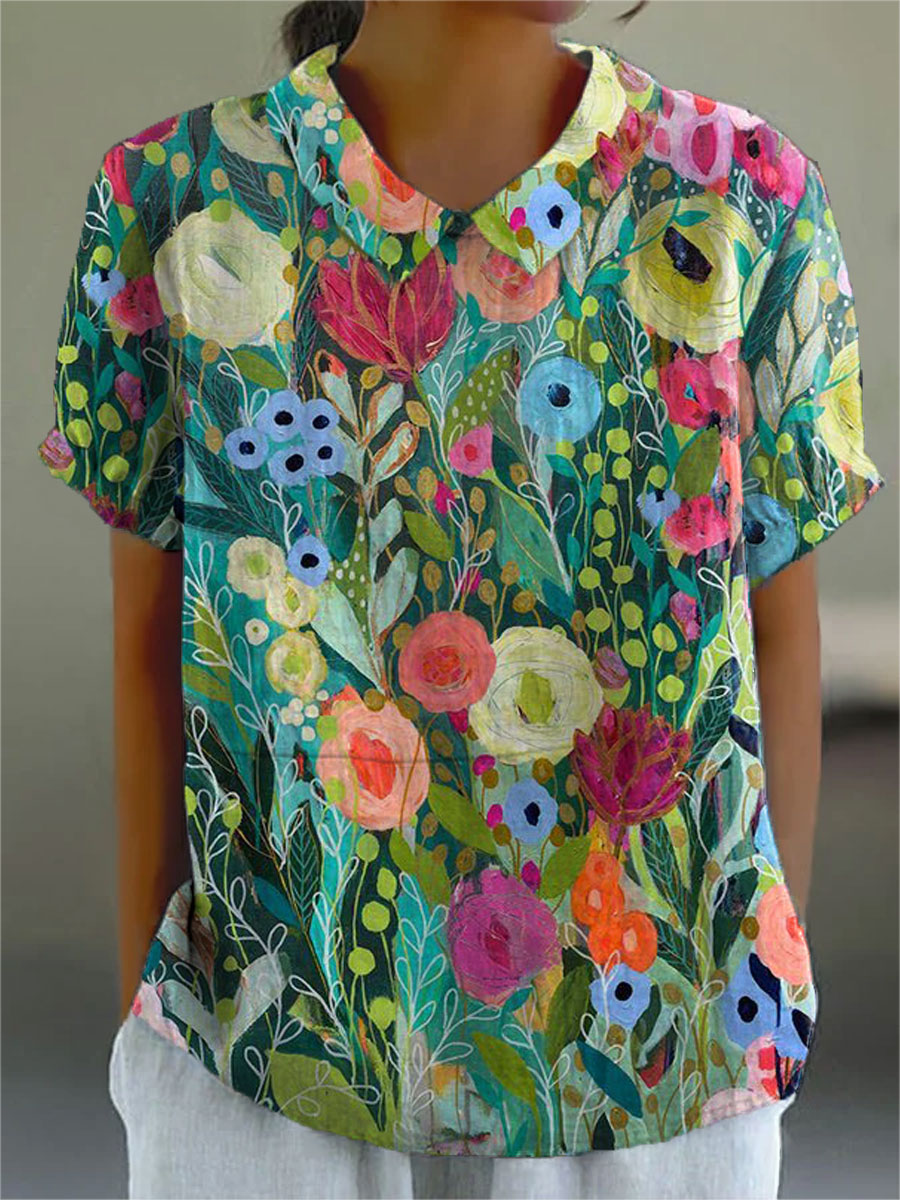 Women's Artistic Floral Blouse - Vibrant Watercolor Style