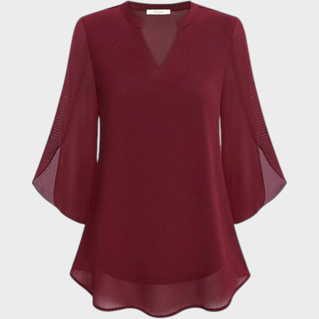 Women's Elegant Flow Blouse with Notch Neckline - Sheer Sleeves