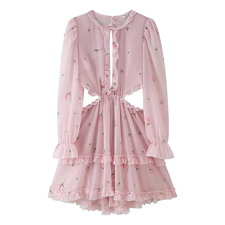 Elegant Long-Sleeve Printed Backless Mini Dress