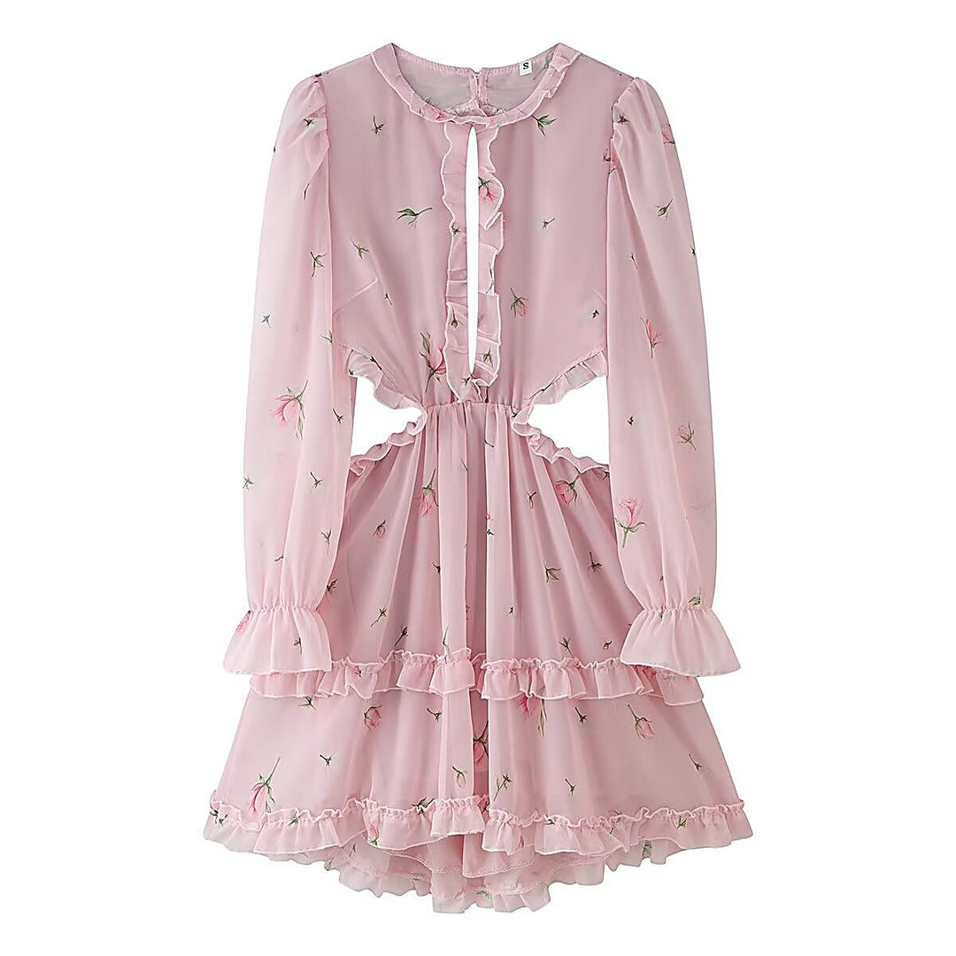 Elegant Long-Sleeve Printed Backless Mini Dress