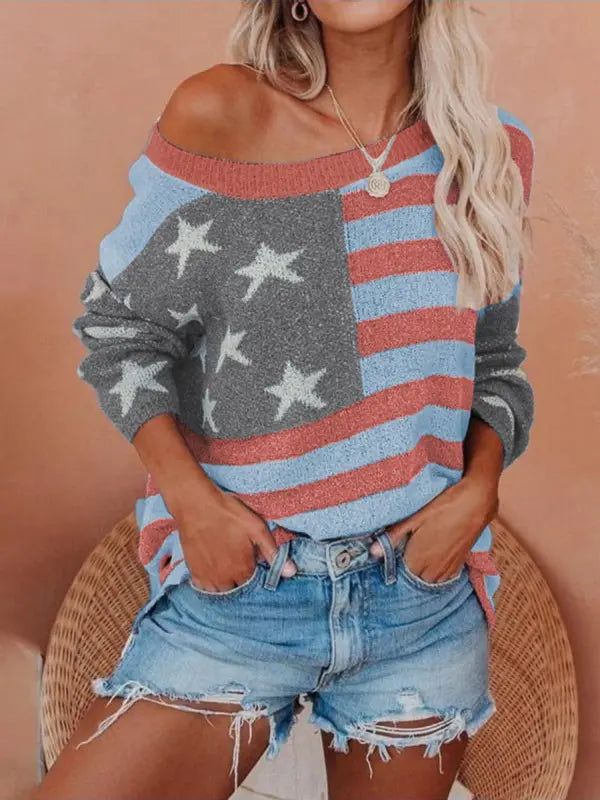 Women's Patriotic Off-Shoulder Sweater - Cozy & Chic