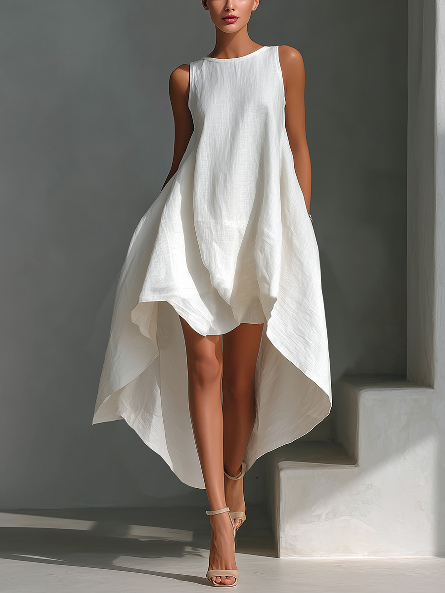 Women's Linen Sleeveless Midi Dress - Asymmetrical Hem, Breezy Style