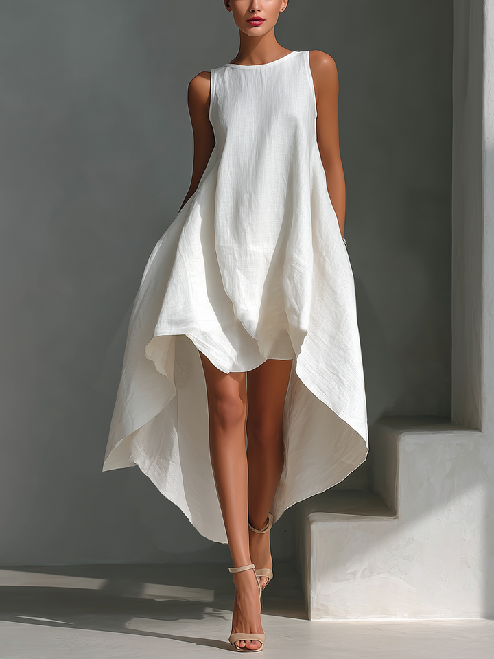 Women's Linen Sleeveless Midi Dress - Asymmetrical Hem, Breezy Style