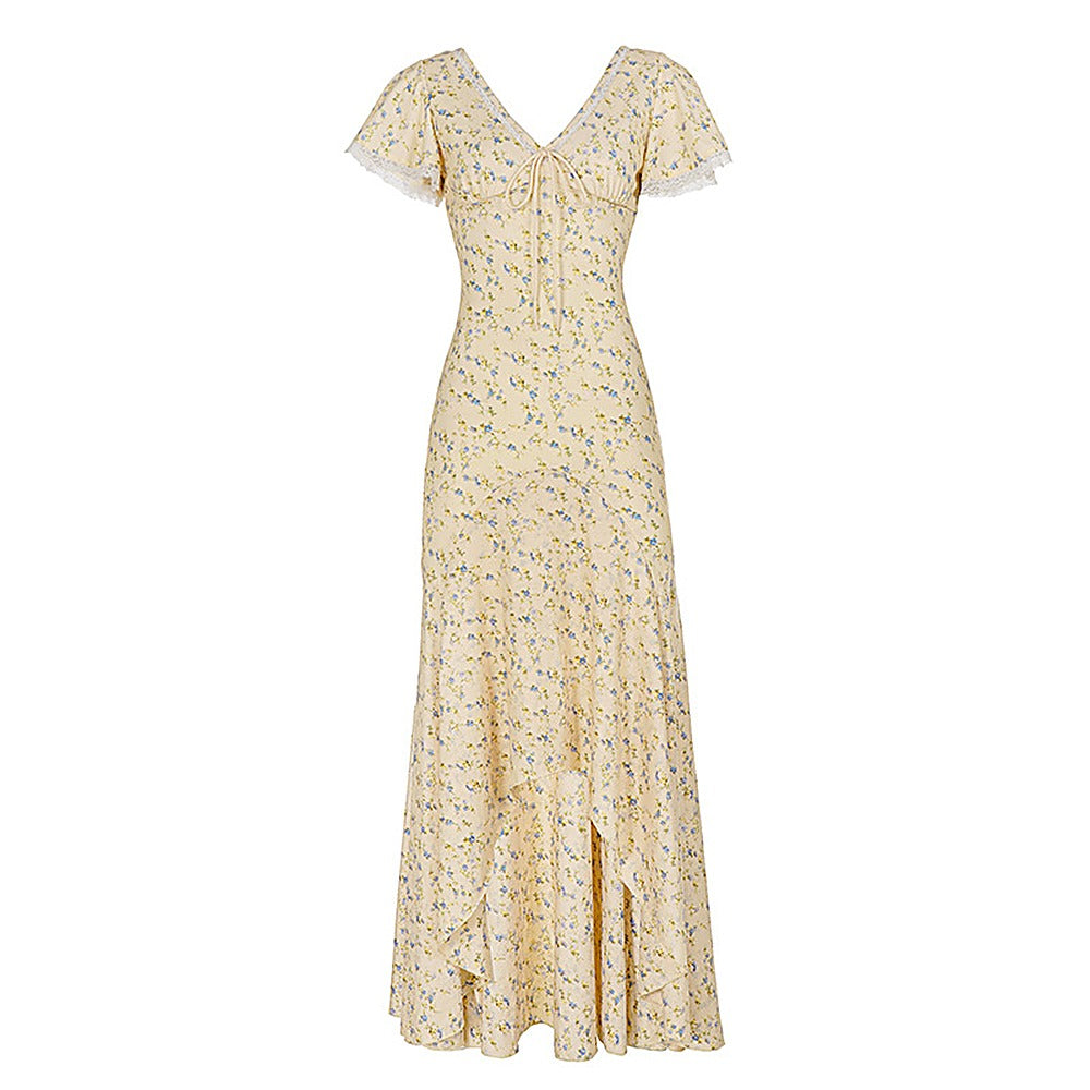 French Slim Floral V-Neck Waist Dress