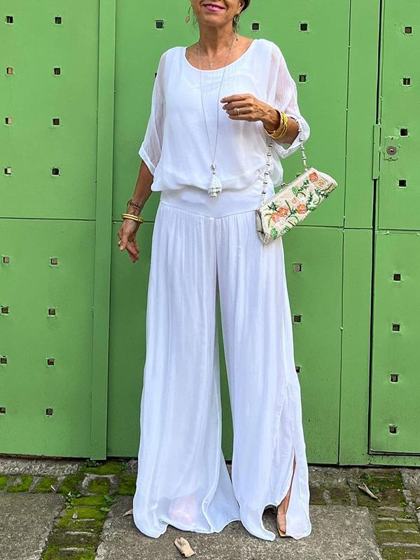 Women's Chiffon Wide-Leg Pants Two-Piece Set - Elegant & Breezy