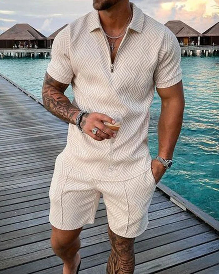 Men's Smiley Print Polo and Shorts Set - Summer Vacation Style