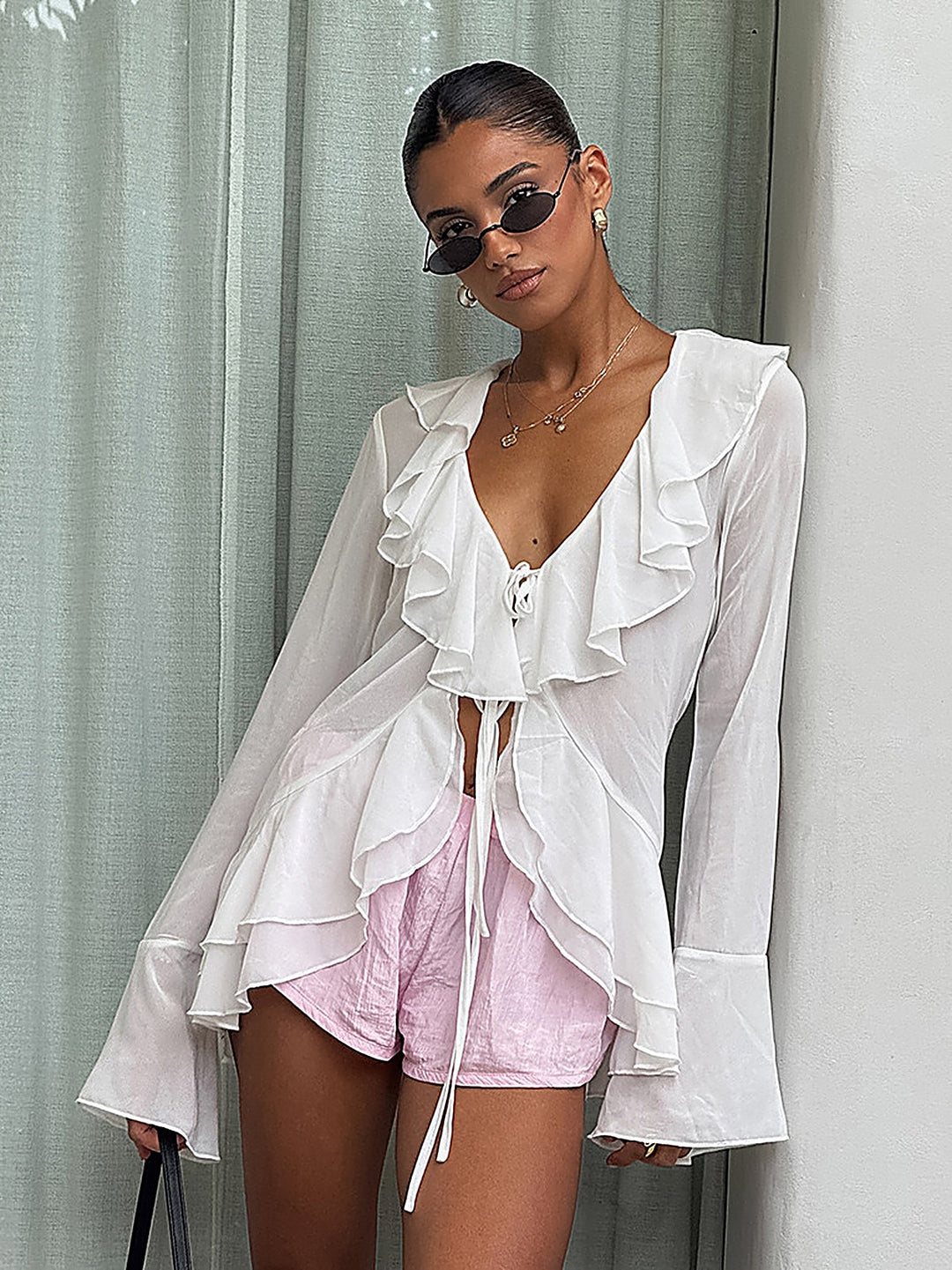 Chiffon V-Neck Flared-Sleeve Blouse