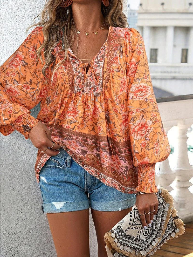 Women's Floral Ruffled Cuff Blouse - Effortless Day to Night
