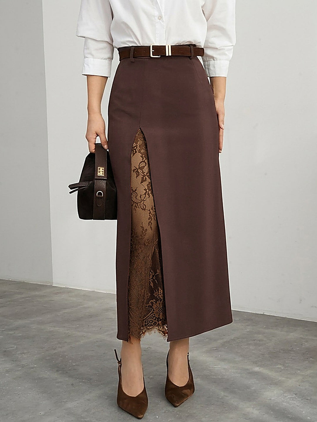 Slit Sheer Lace Midi Skirt