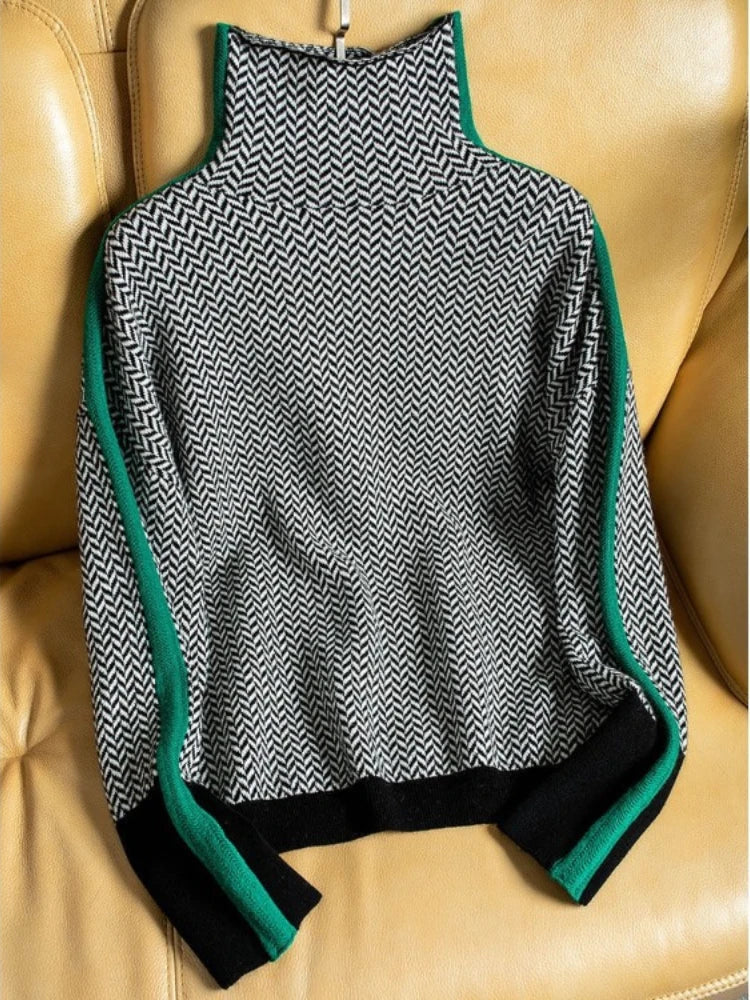 Women's Herringbone High-Neck Sweater - Bold Contrast Stripe