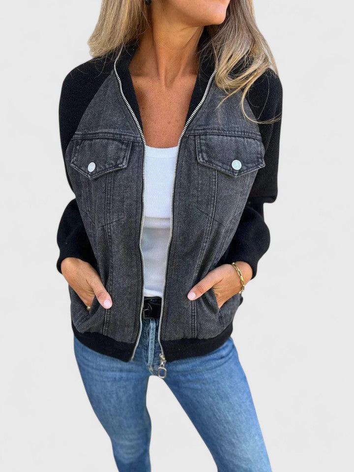 Women's Denim Jacket with Contrast Sleeves - Everyday Layering