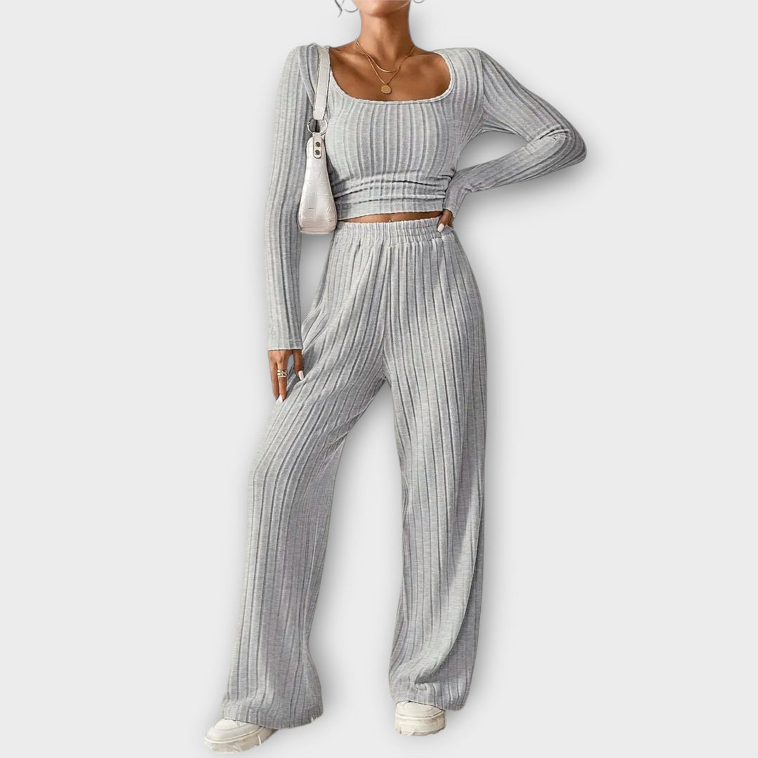 Women's Cozy Knit Two-Piece Set - Crop Top & Wide Pants