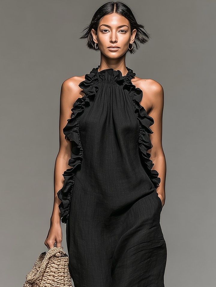 Women's Sleeveless Linen Blend Maxi Dress with Ruffle Details