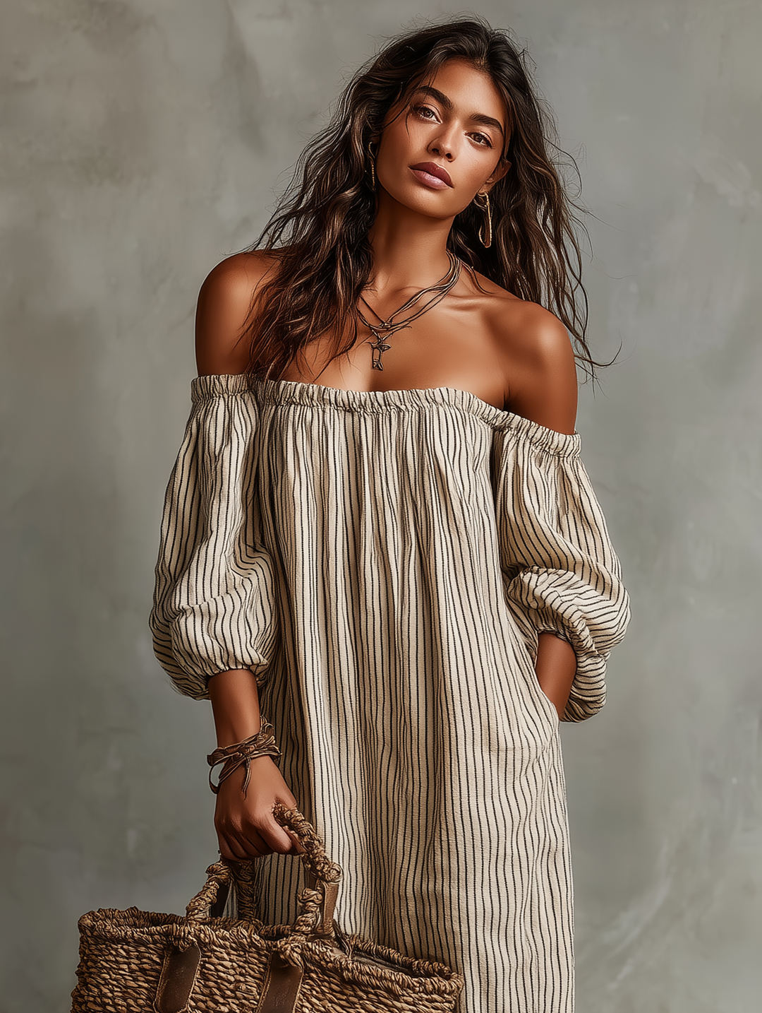 Women's Cotton-Linen Off-Shoulder Maxi Dress - Vacation Ready
