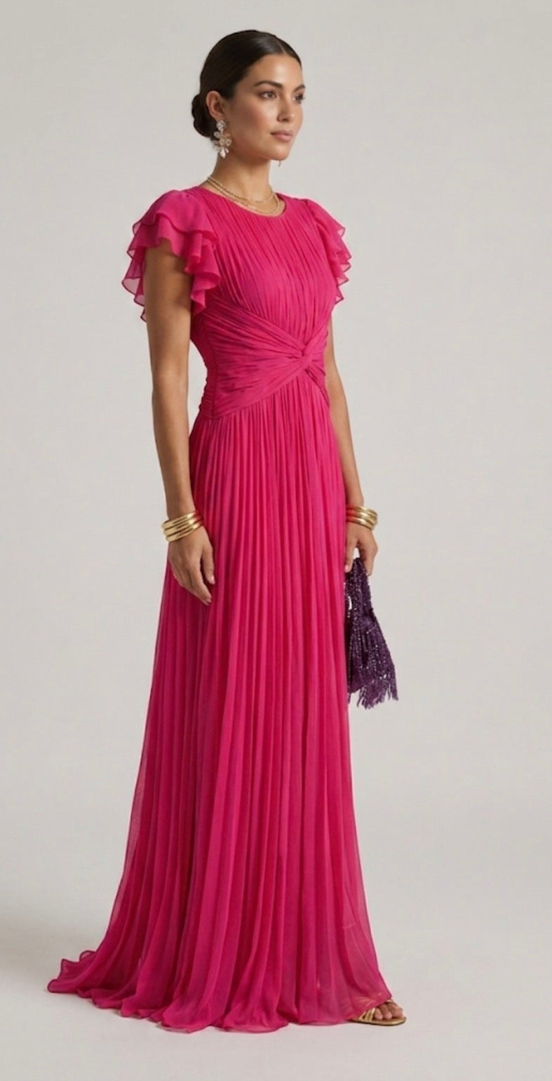 Women's Pleated Evening Maxi Dress - Effortless Elegance for Weddings