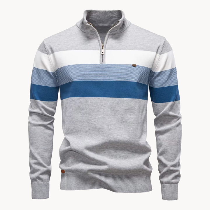 Men's Cotton Quarter-Zip Jumper – Striped Stretch Knit