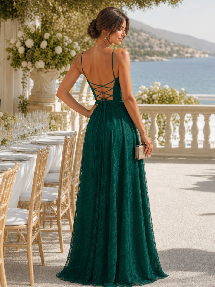 Women's Lace Spaghetti Strap Maxi Dress - Elegant Evening Fit