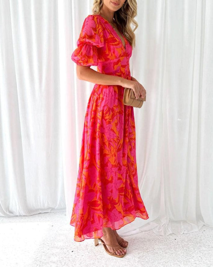 Women's Printed Maxi Dress with Flutter Sleeves - Summer Elegance