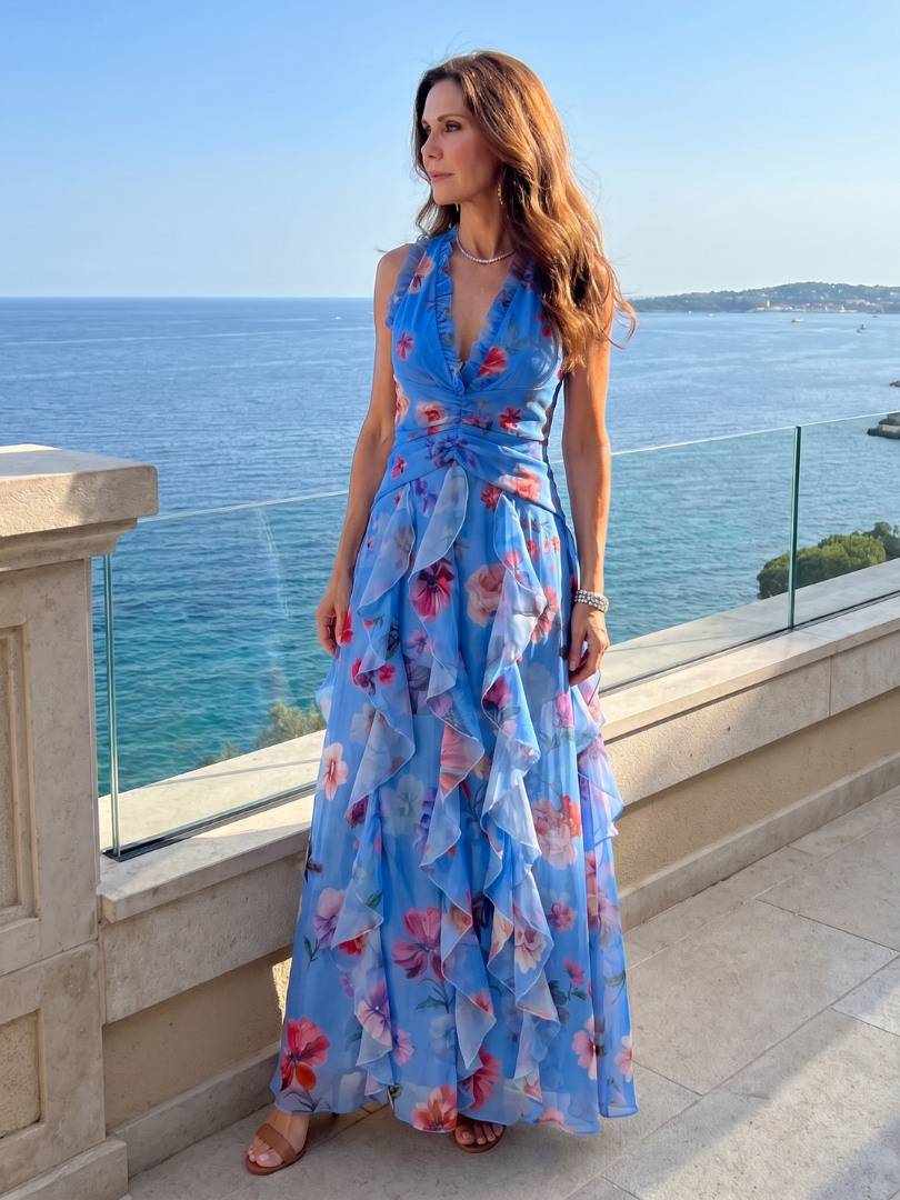 Women's Floral Halter Neck Ruched Bodice Maxi Dress