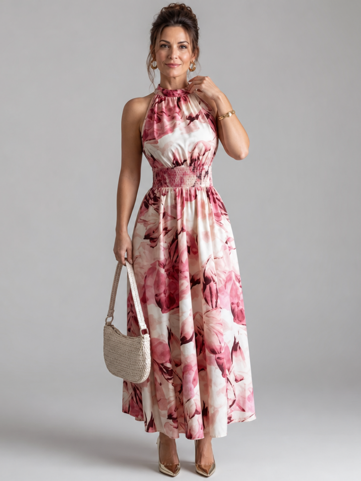 Women's Abstract Print Gathered Waist Midi Dress - Effortless Summer