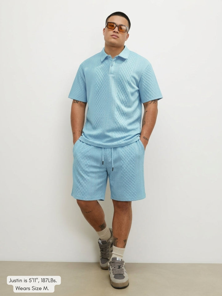 Men's Textured Knit Polo & Shorts Set – Smart Casual Summer Co-Ord