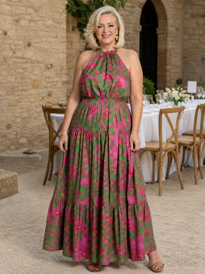 Women's Draped Halter Midi Dress - Effortless Warm-Weather Style
