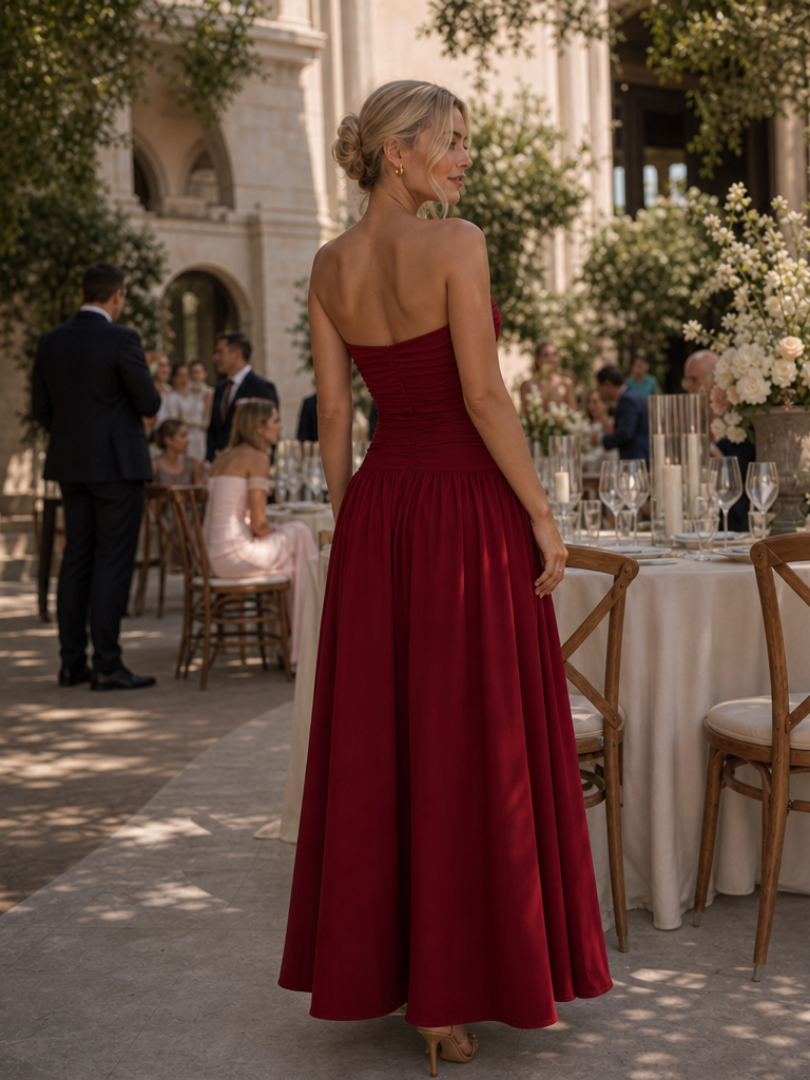 Women's Strapless Ruched Bodice Midi Dress - Effortless Elegance