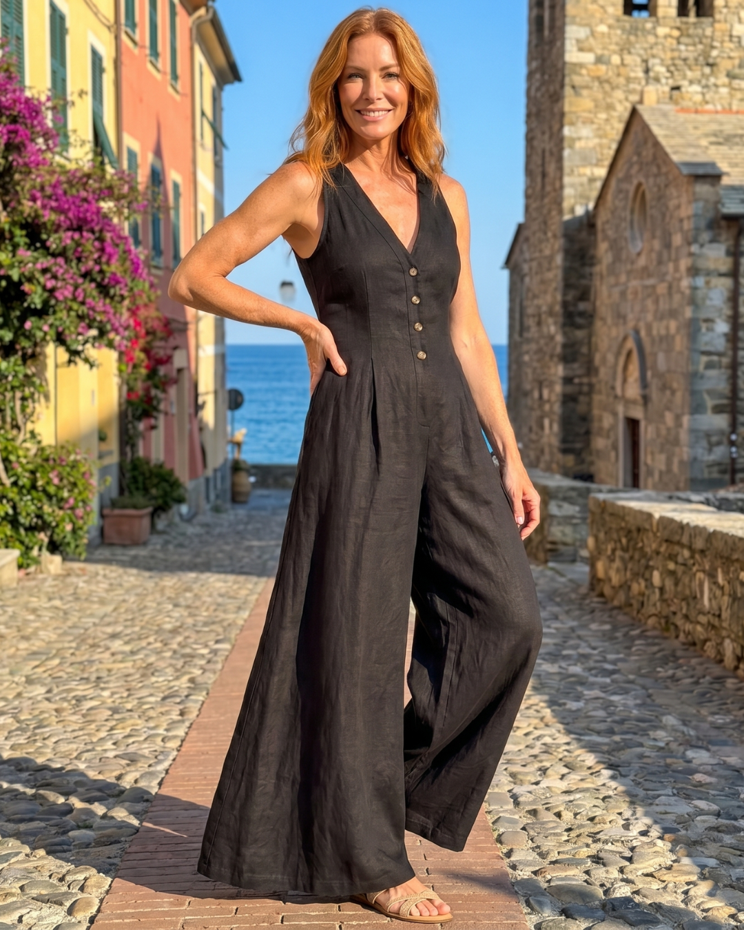 Women's Button Front Sleeveless Wide Leg Jumpsuit - Relaxed Fit
